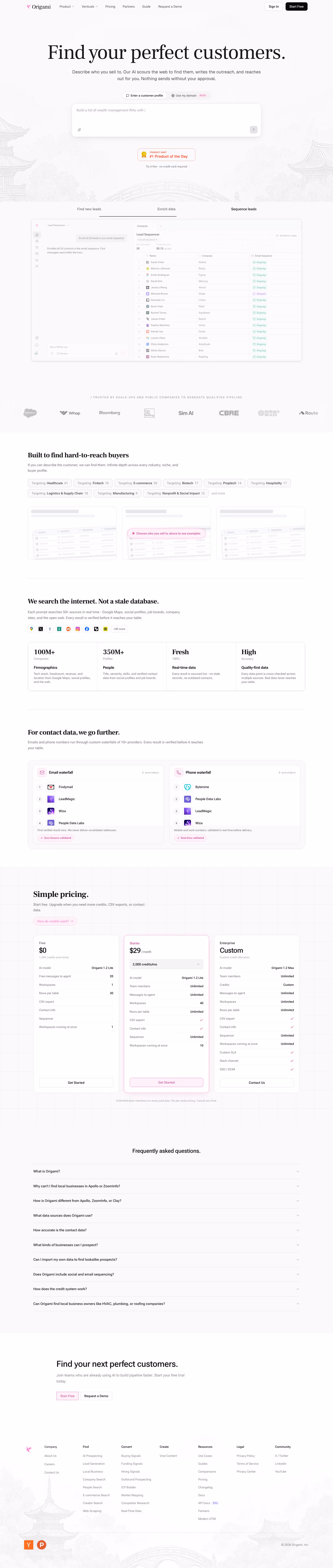 Origami landing page design — Sales & Support