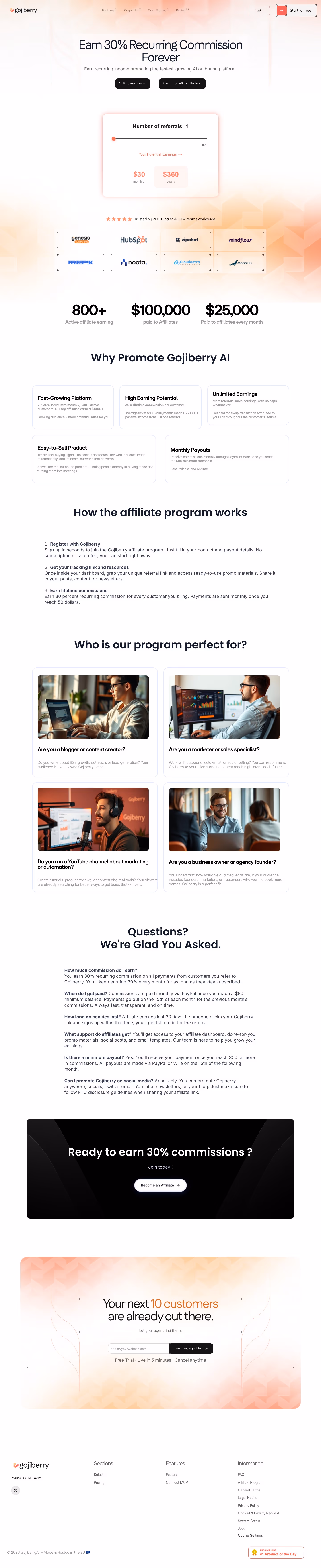 Gojiberry affiliate page design — Sales & Support