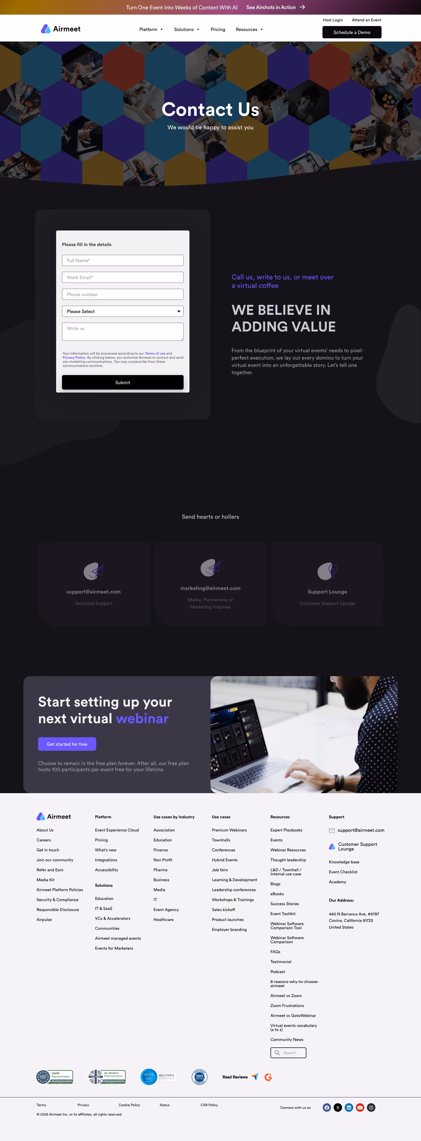 Airmeet Contact Us section design