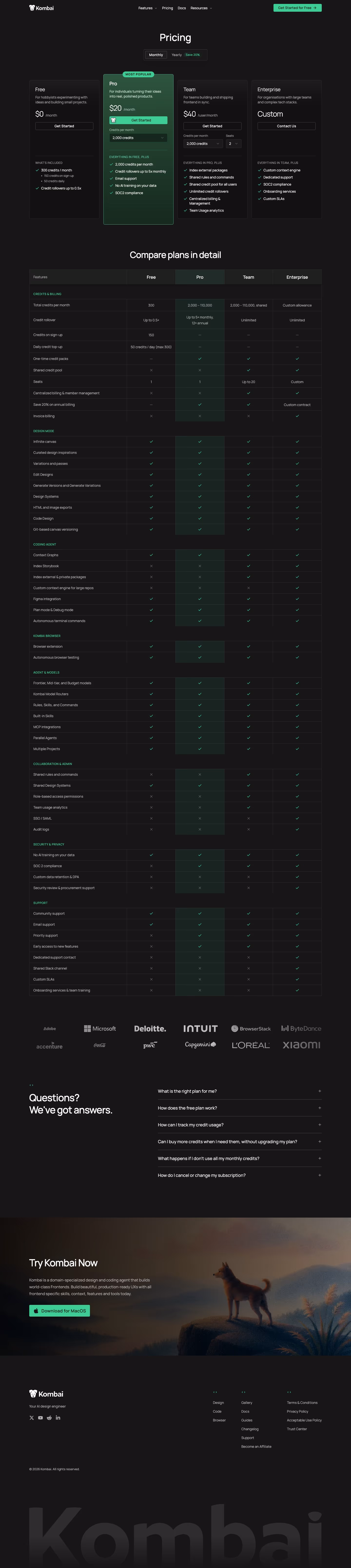 Kombai Pricing & Plans section design
