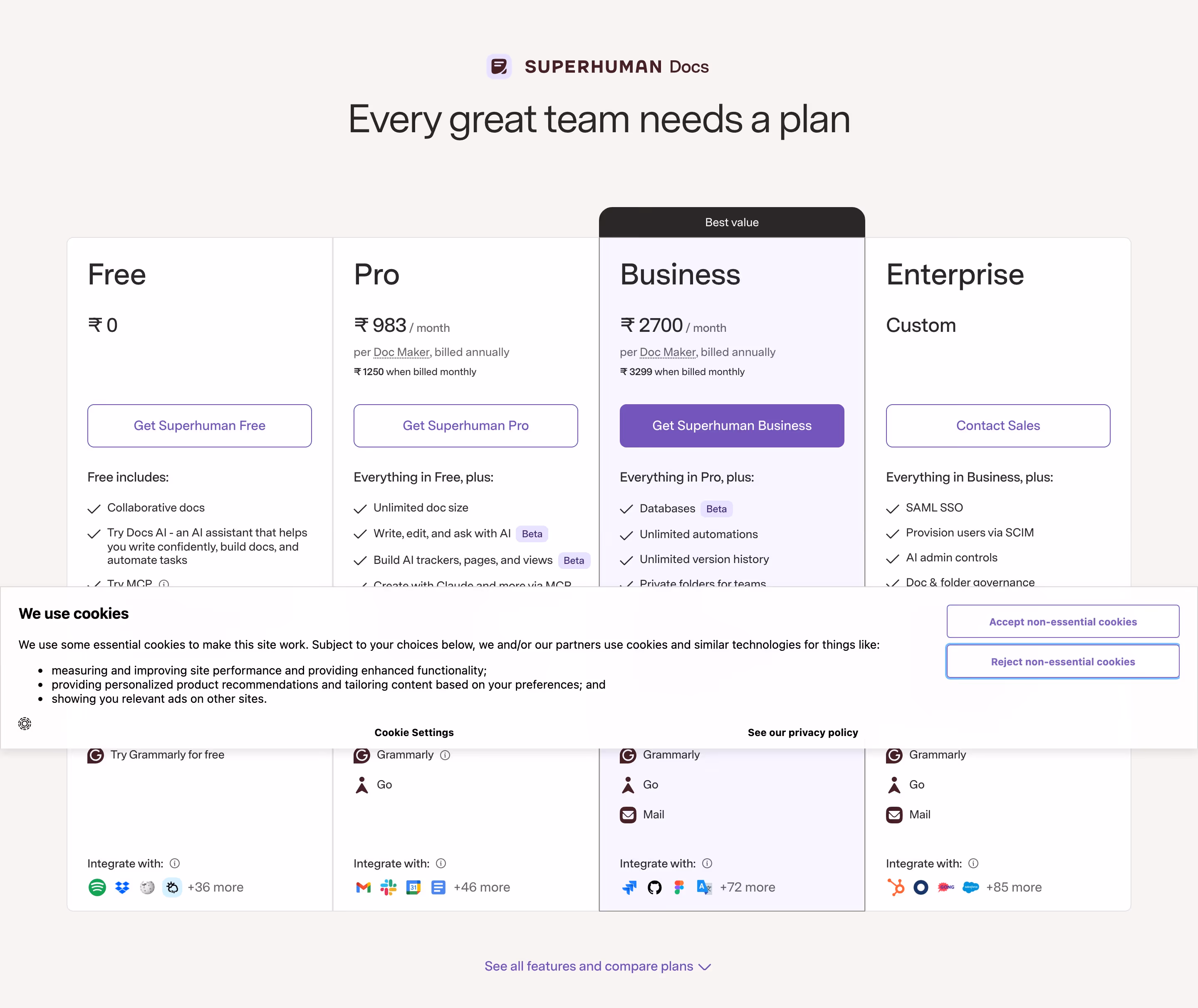 Coda Pricing section design