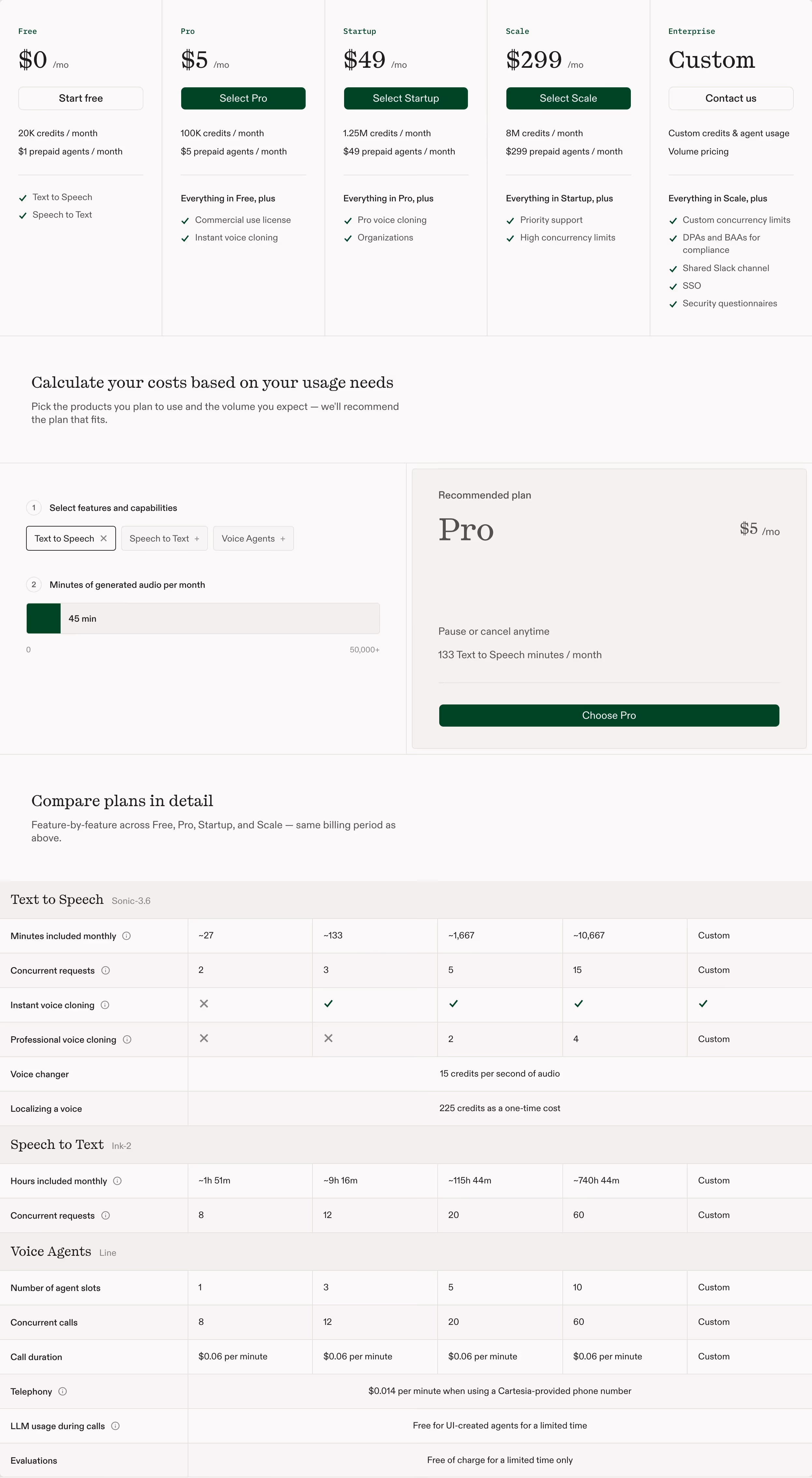 Cartesia Pricing section design
