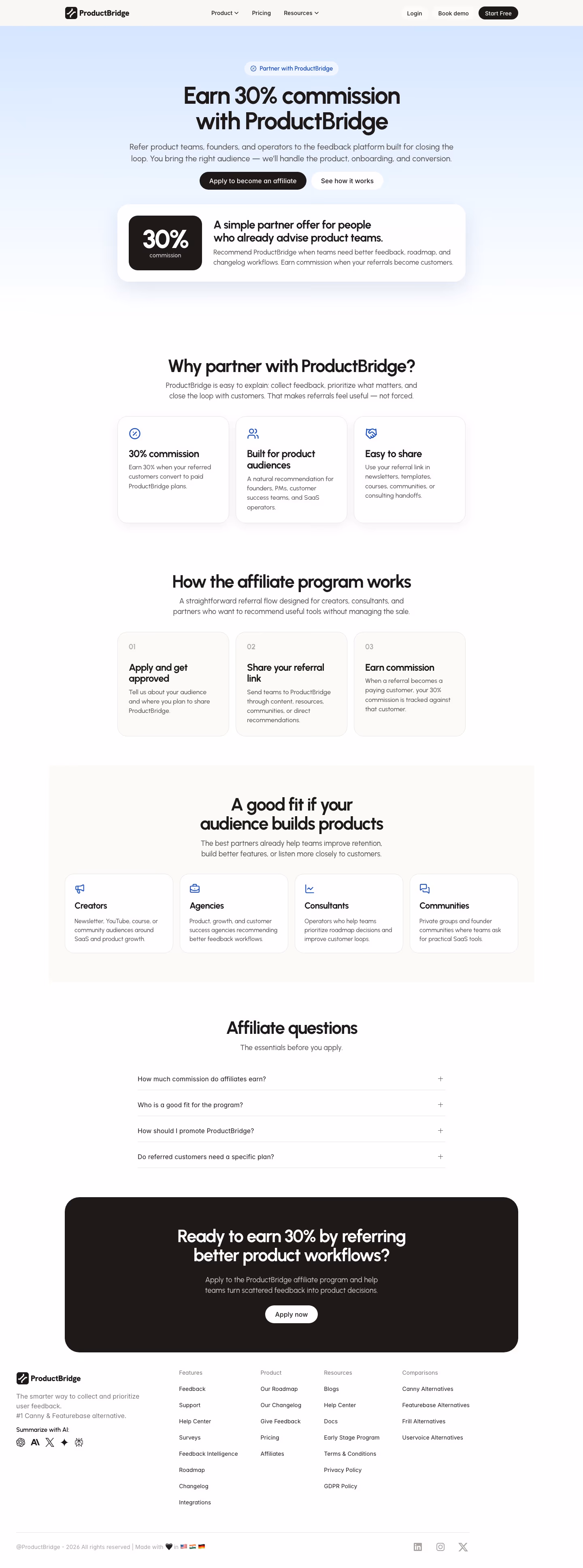 Productbridge affiliate page design — Sales & Support