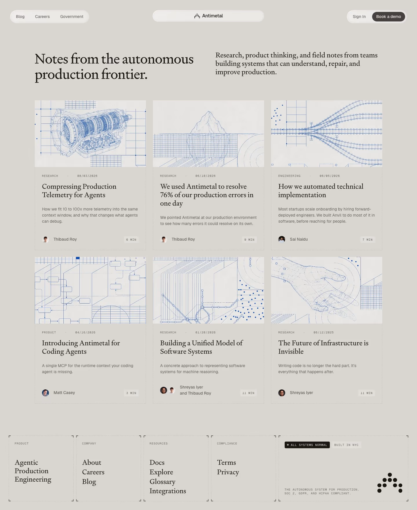 Antimetal Blog pages section design
