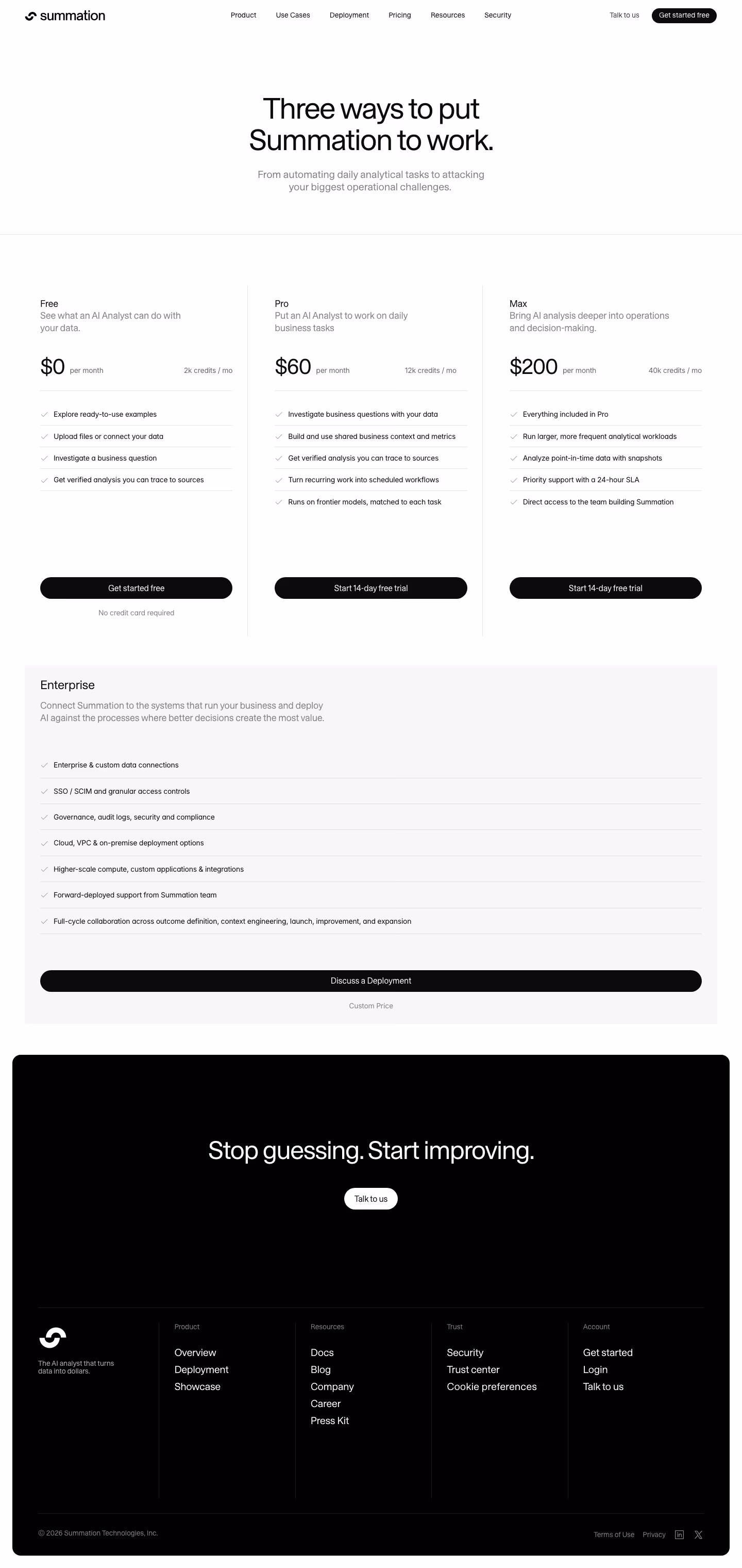 Summation Pricing & Plans section design