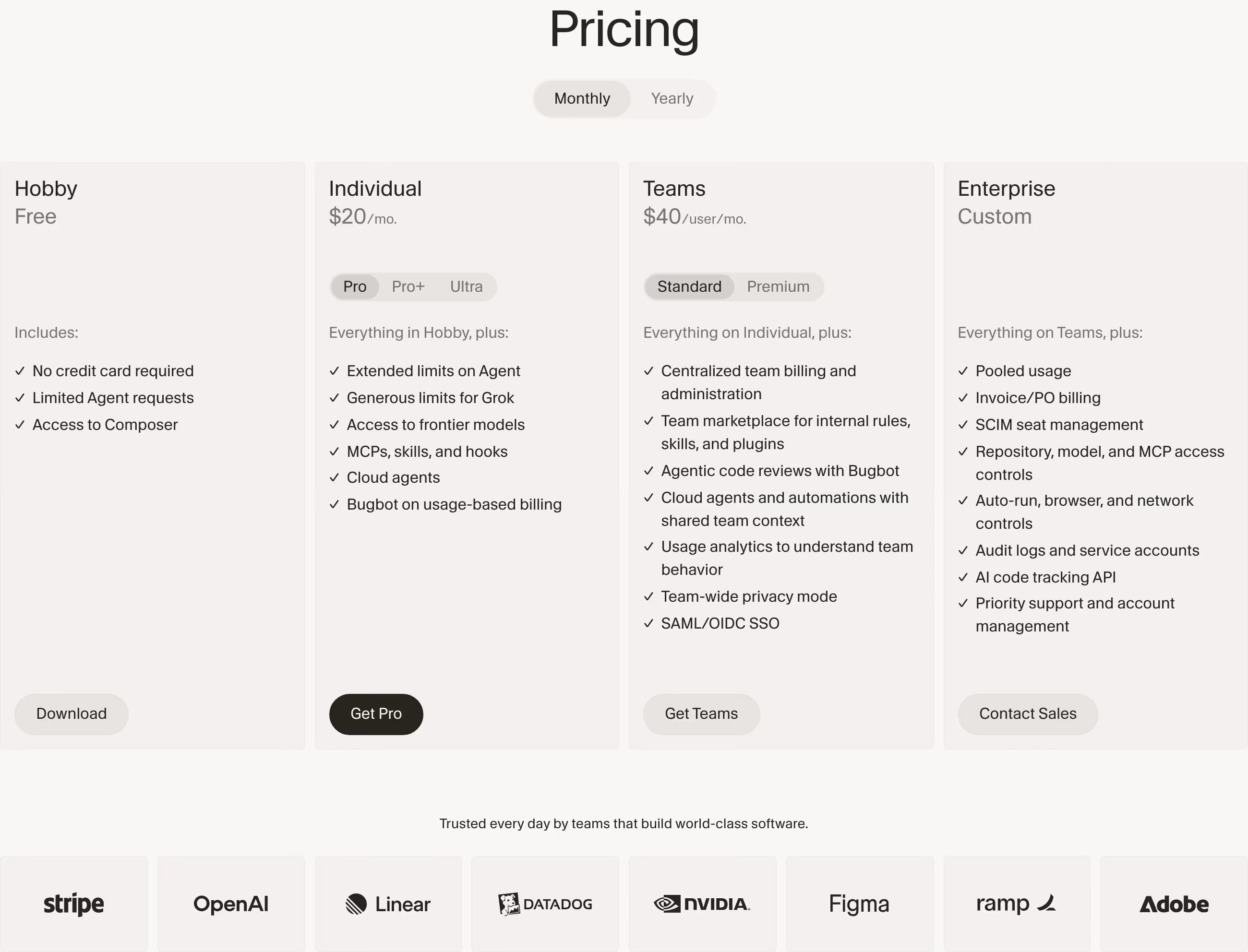 Cursor Pricing section design