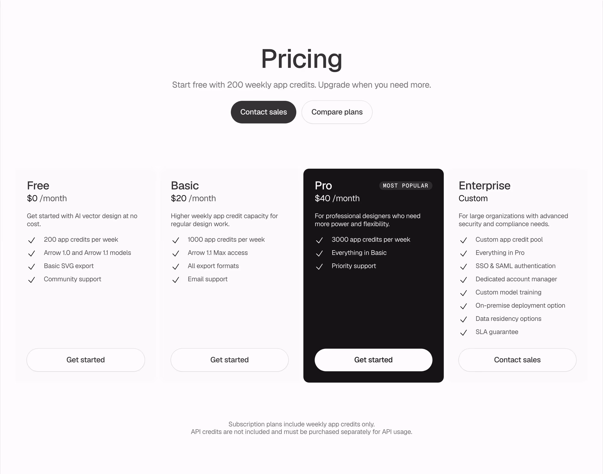 Quiver Pricing section design