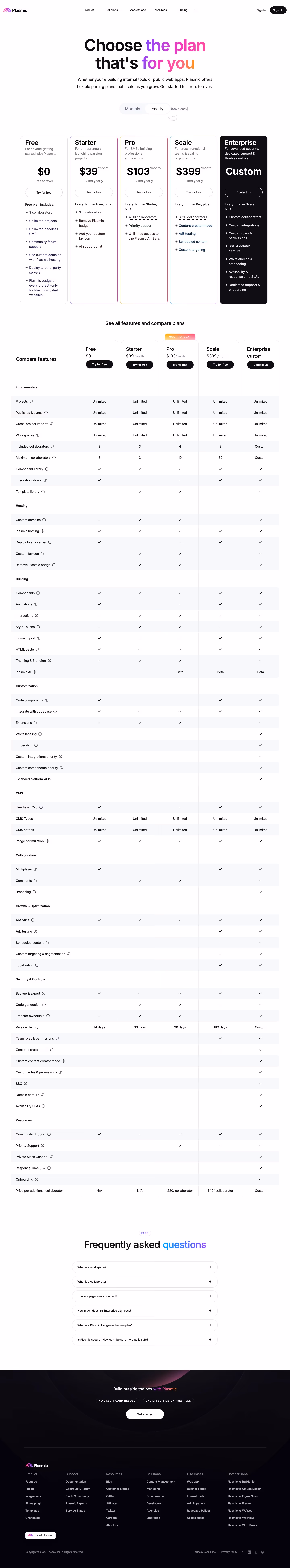 Plasmic Pricing & Plans section design